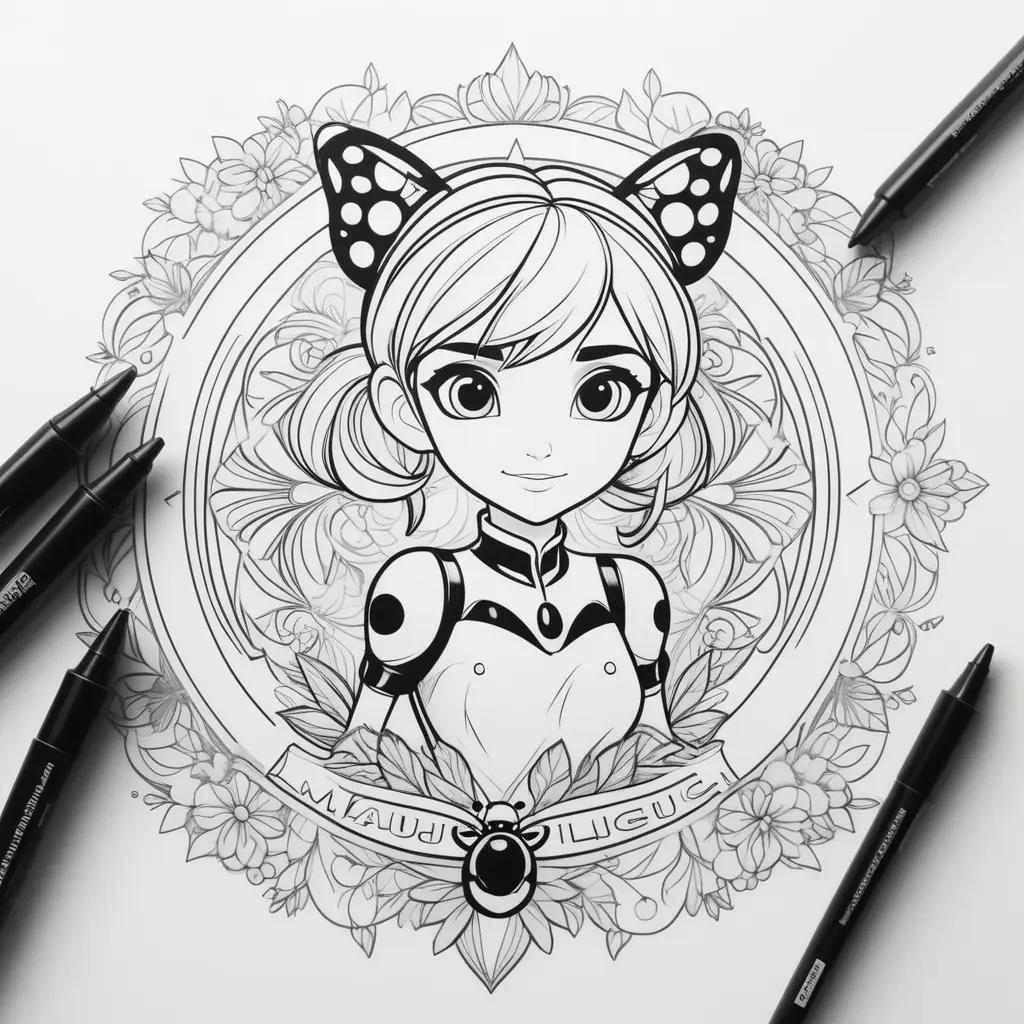 coloring page of a Miraculous Ladybug with a flower pattern