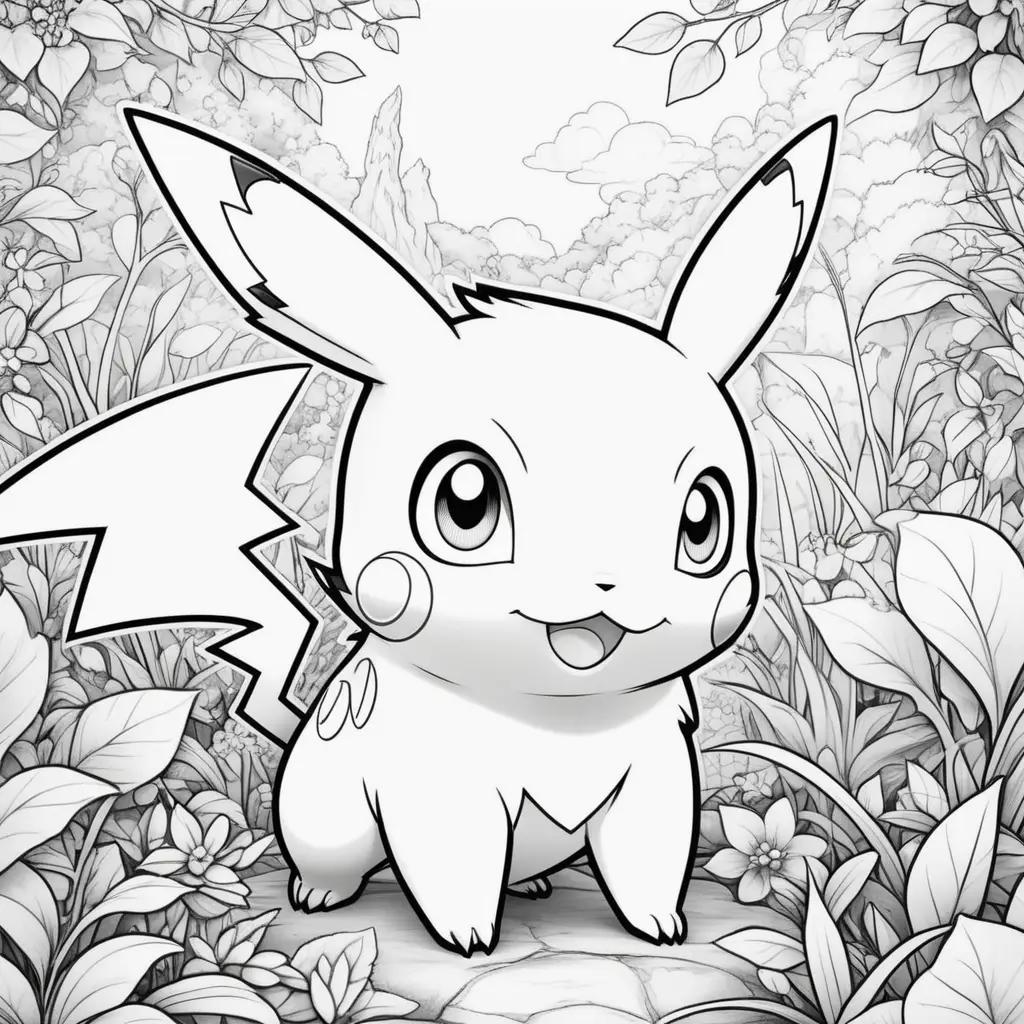 coloring page of a Pikachu in a forest with flowers and leaves