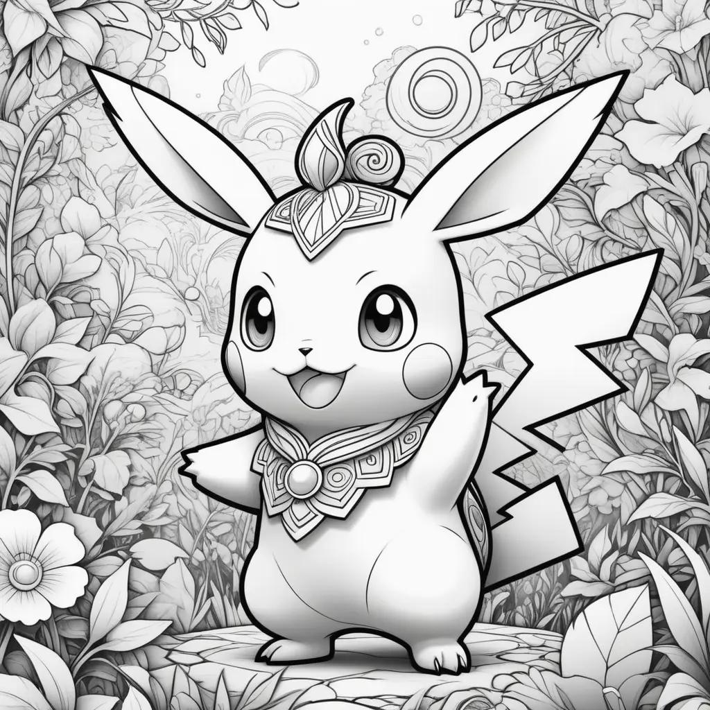 coloring page of a Pokemon in a floral setting