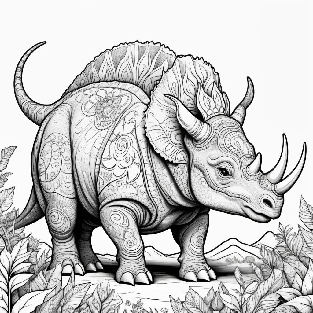 coloring page of a Triceratops with a floral background