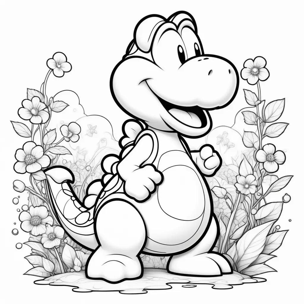 coloring page of a Yoshi with flowers and leaves