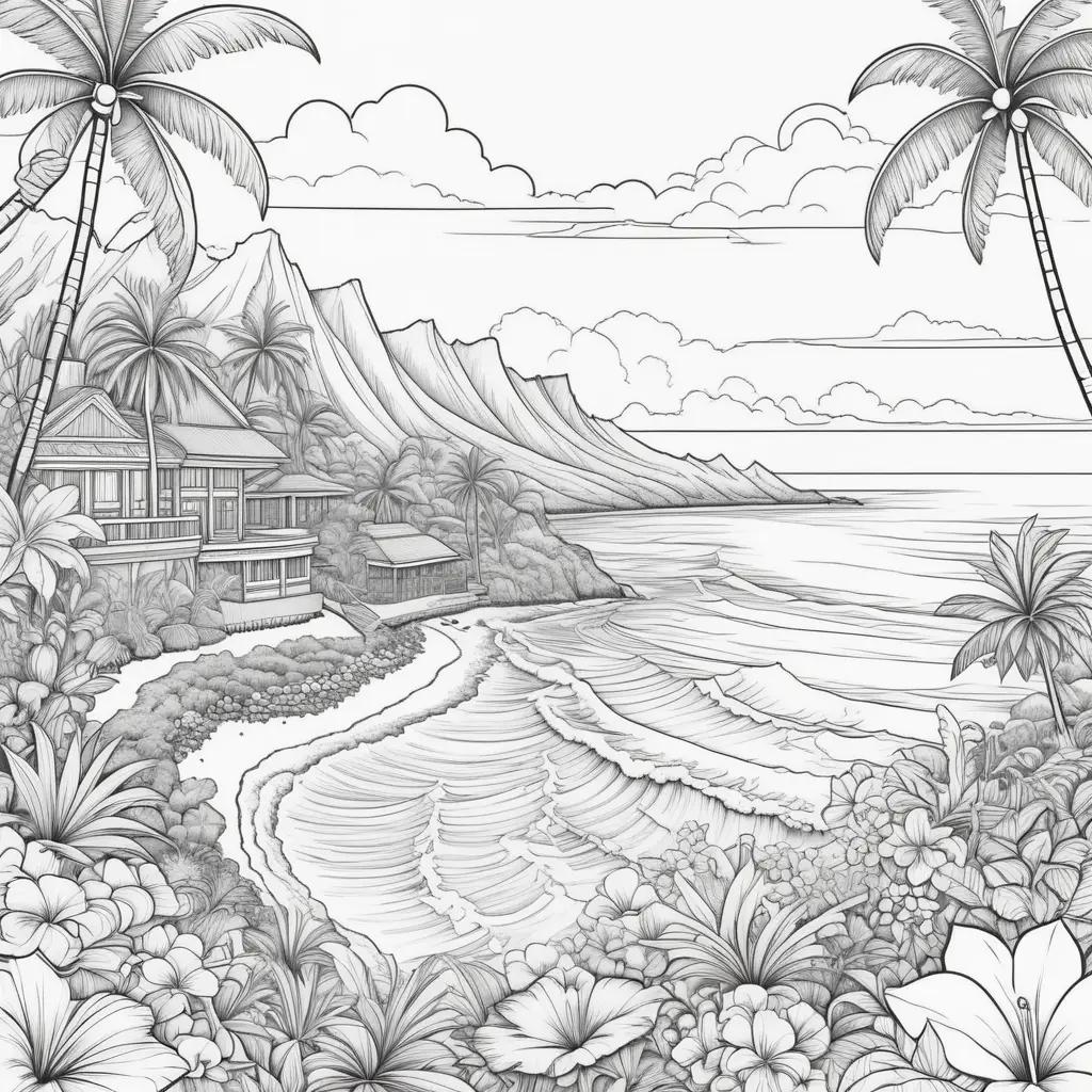 coloring page of a beach with palm trees and a house