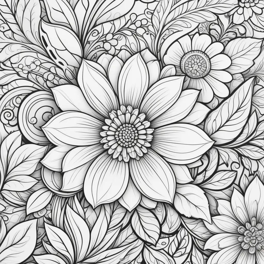 coloring page of a beautiful flower with leaves