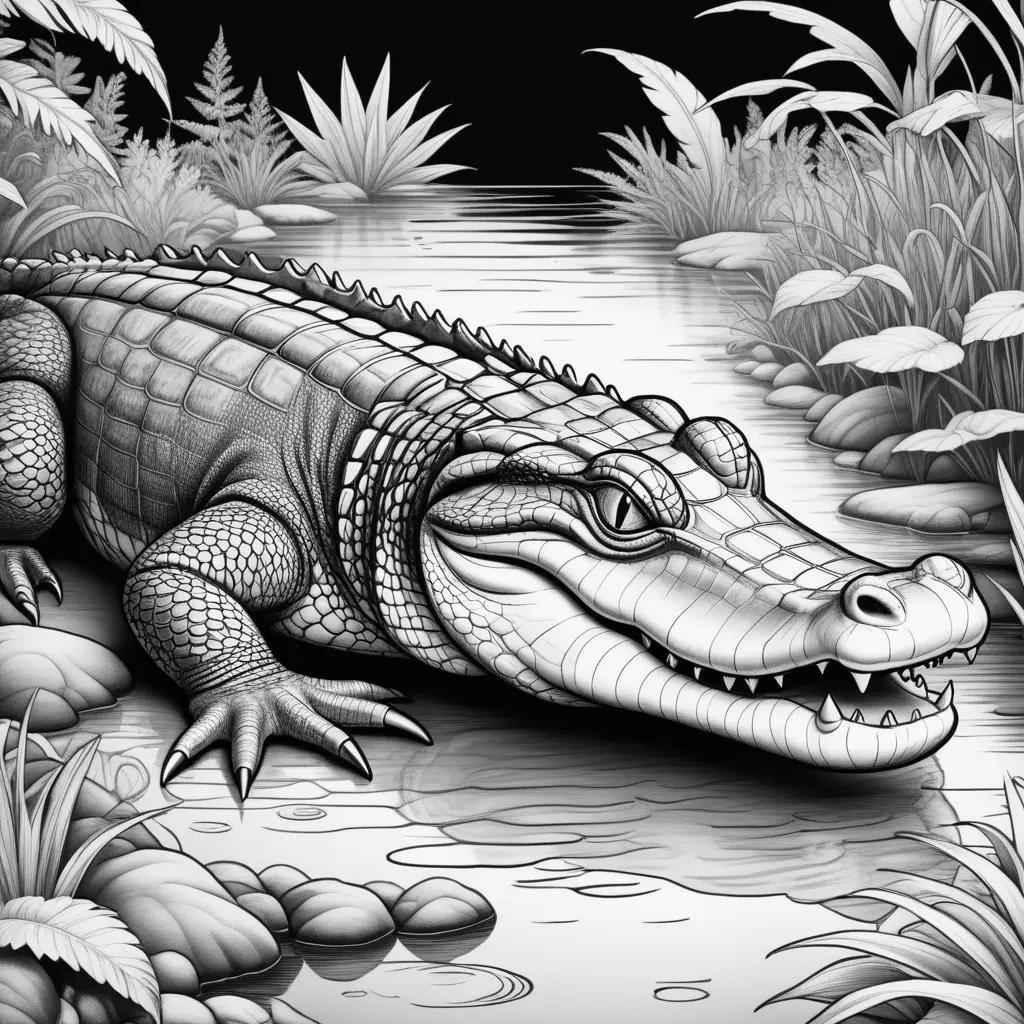 coloring page of a black and white alligator