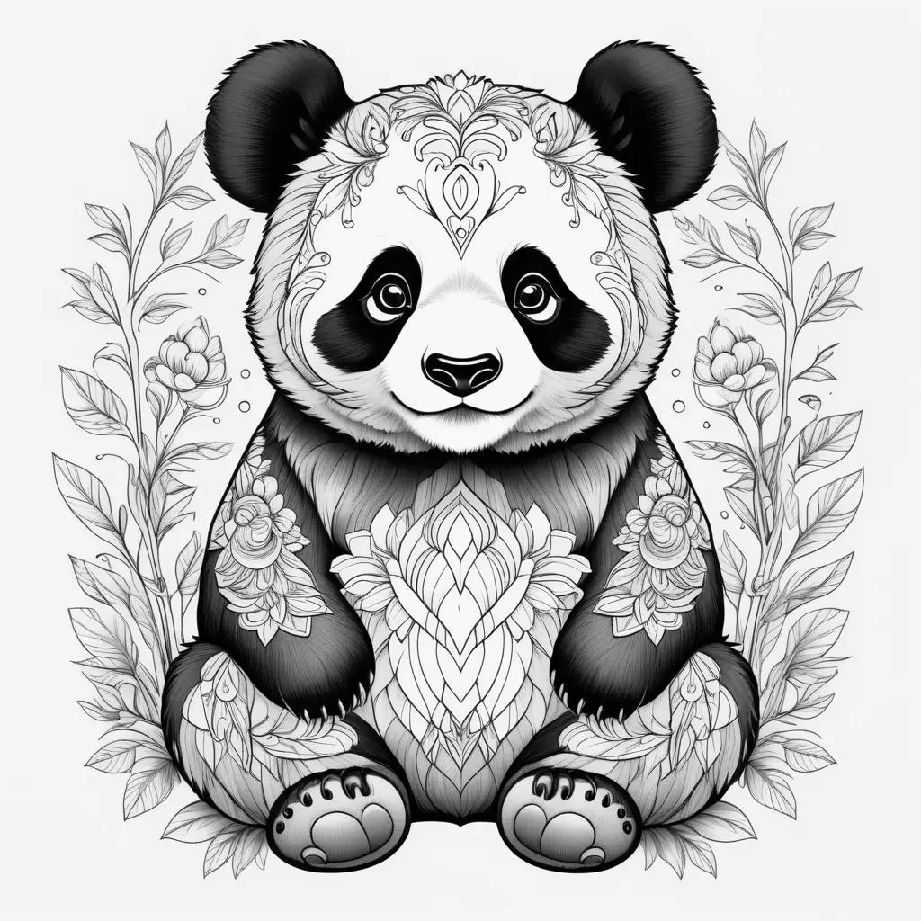 coloring page of a black and white panda bear with a flower design