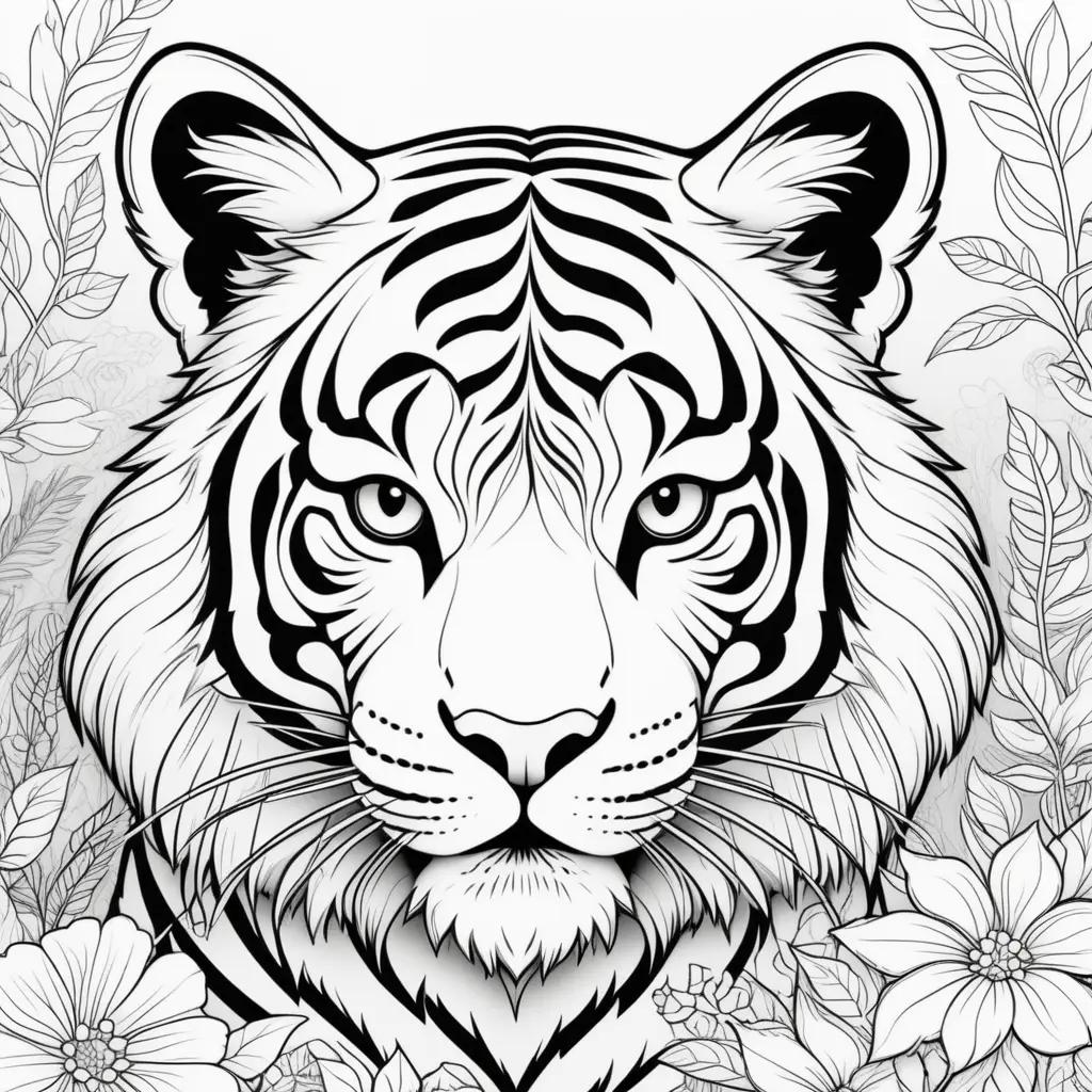 coloring page of a black and white tiger with a flower background