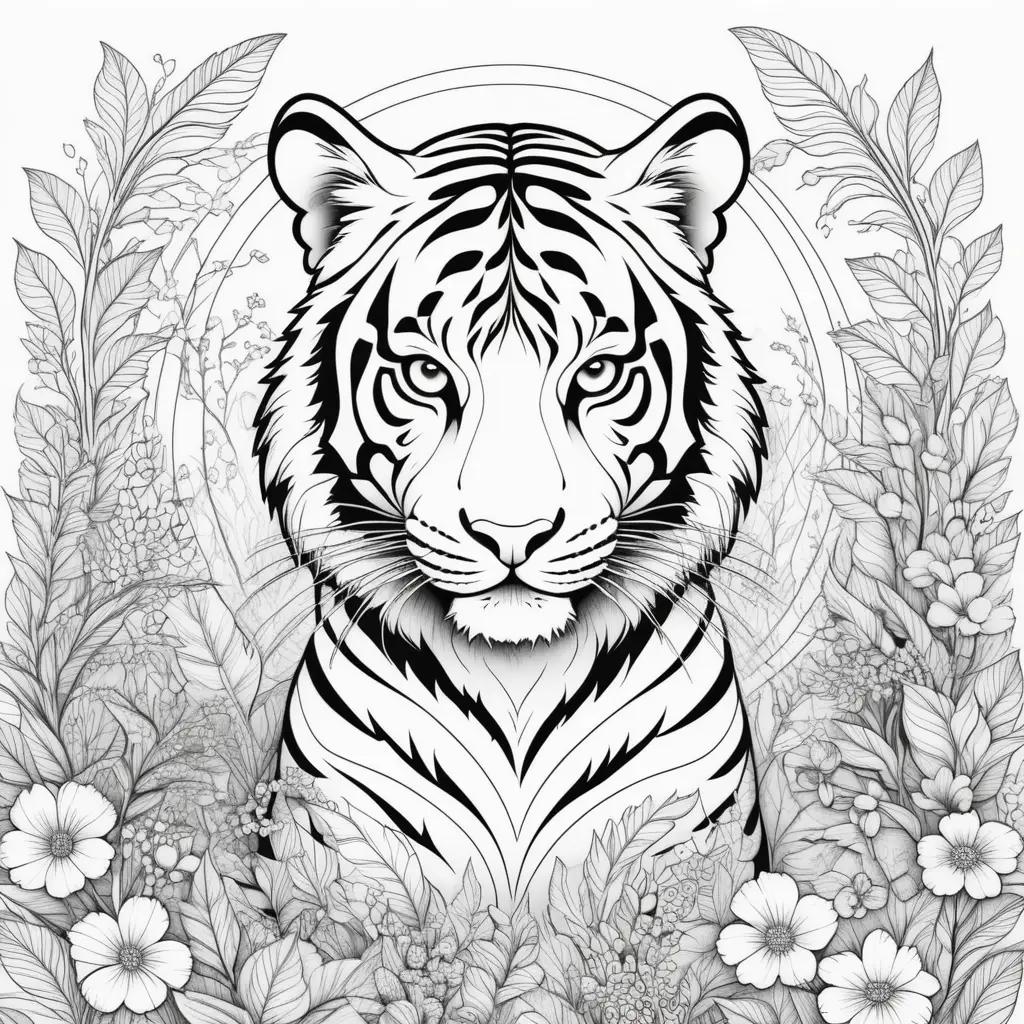 coloring page of a black and white tiger with flowers