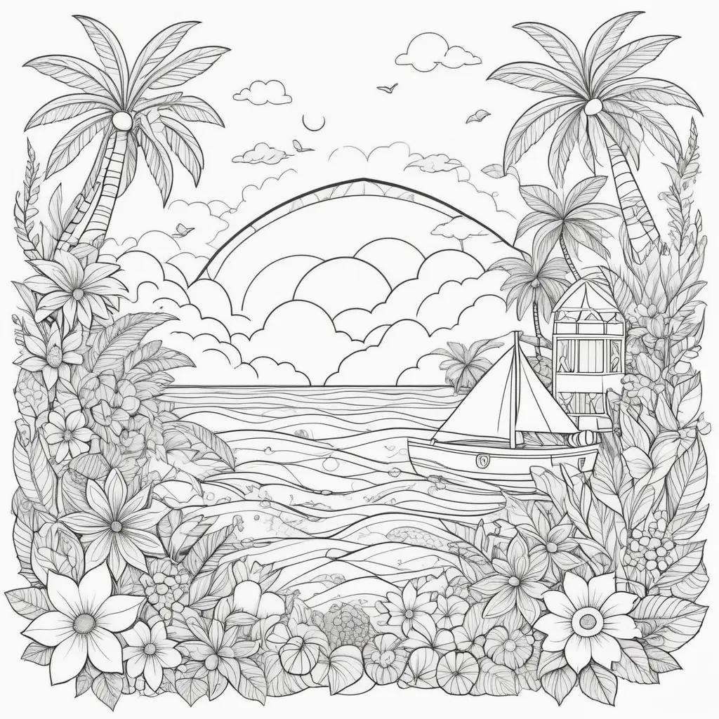 coloring page of a boat on a beach with flowers and palm trees