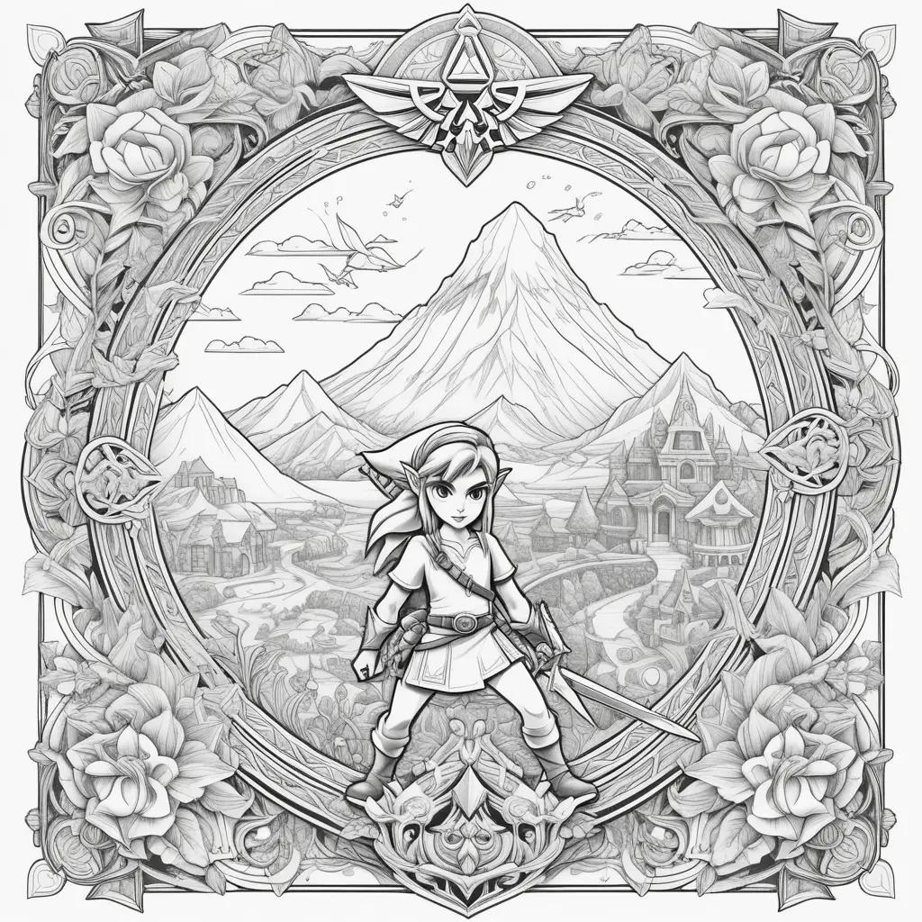 coloring page of a boy and a sword with a castle in the background