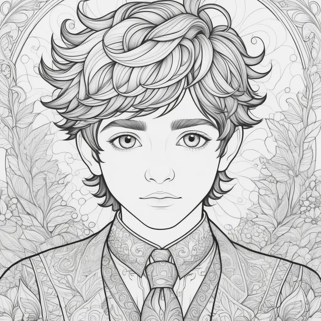 coloring page of a boy with a tie and hair