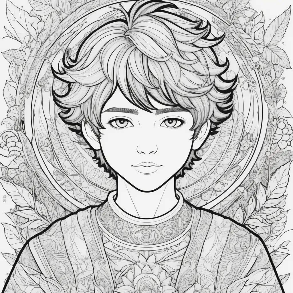 coloring page of a boy with flowers and leaves