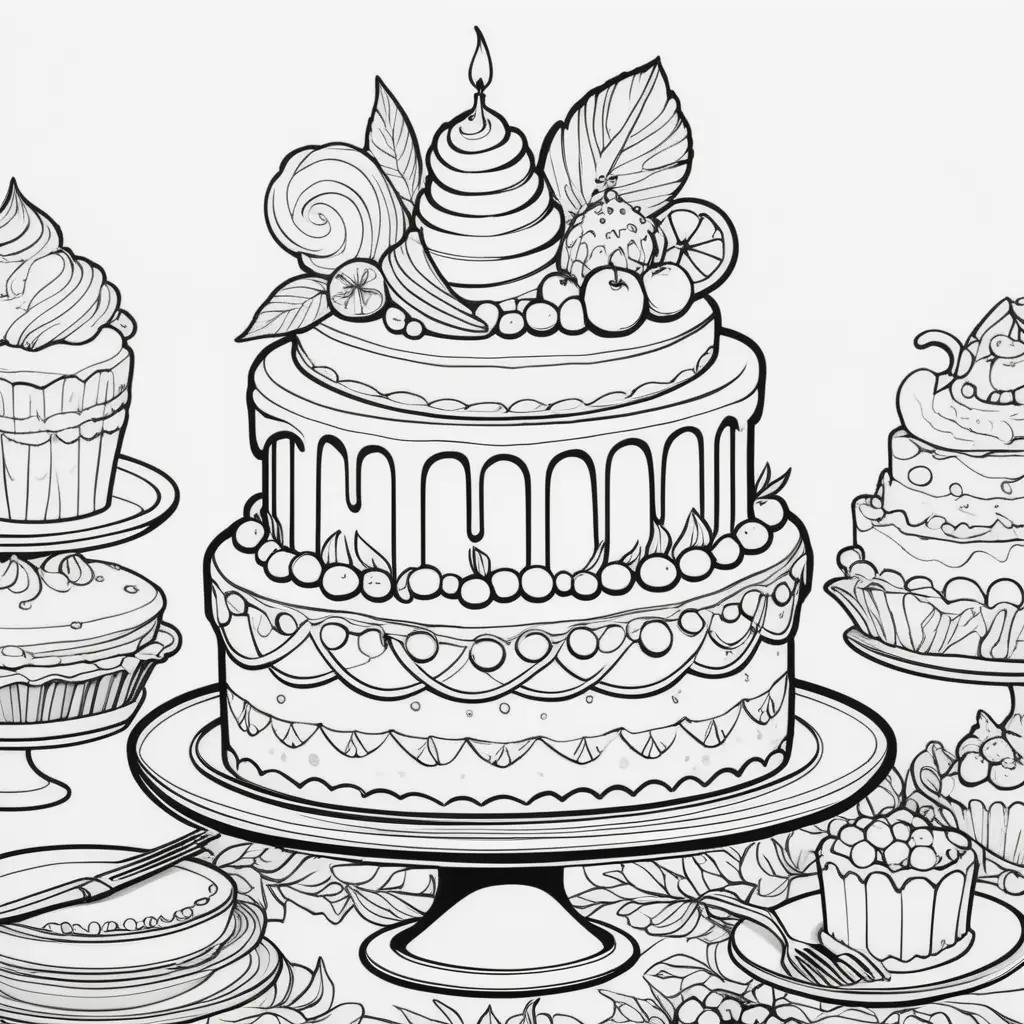 coloring page of a cake with fruits and candles