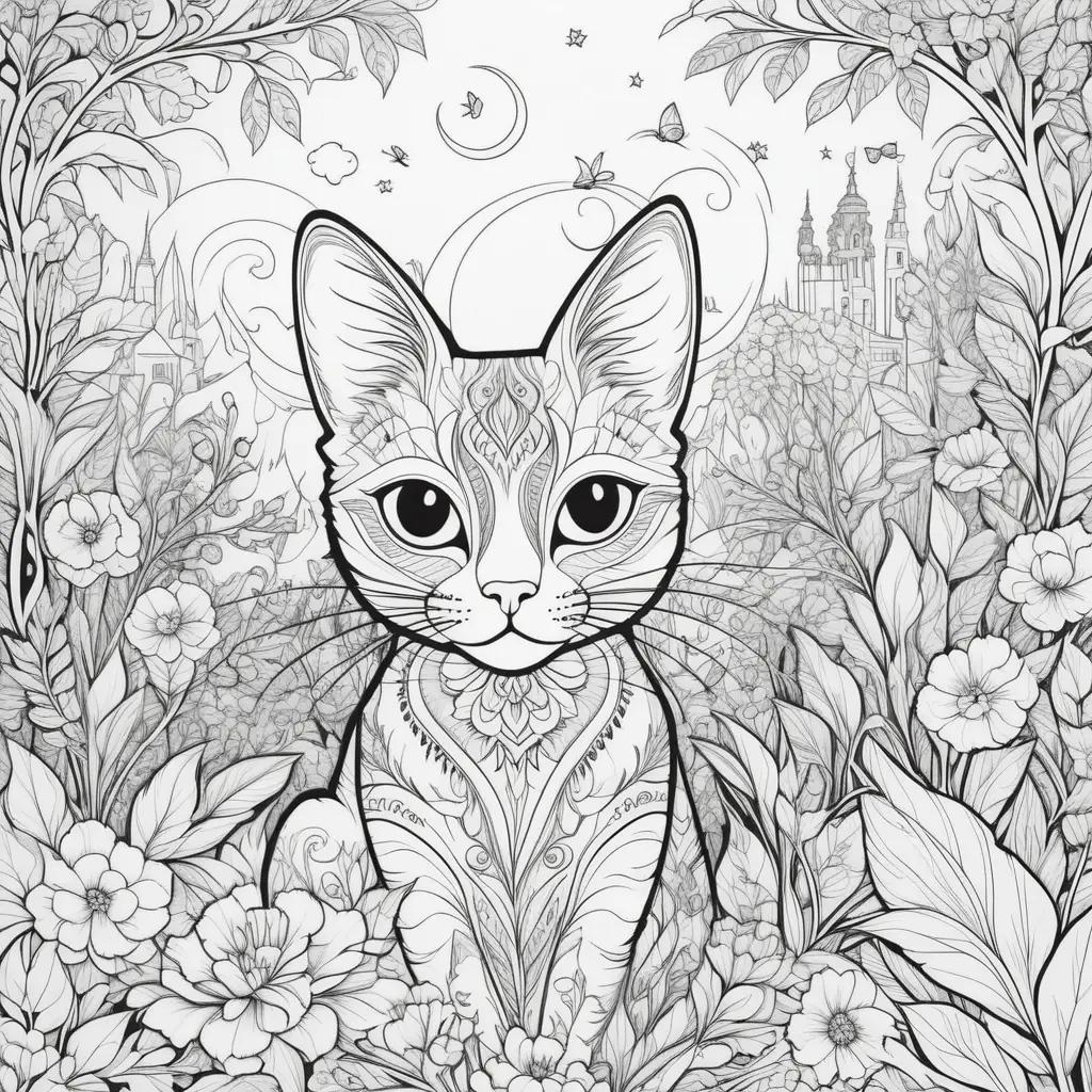 coloring page of a cat in a garden