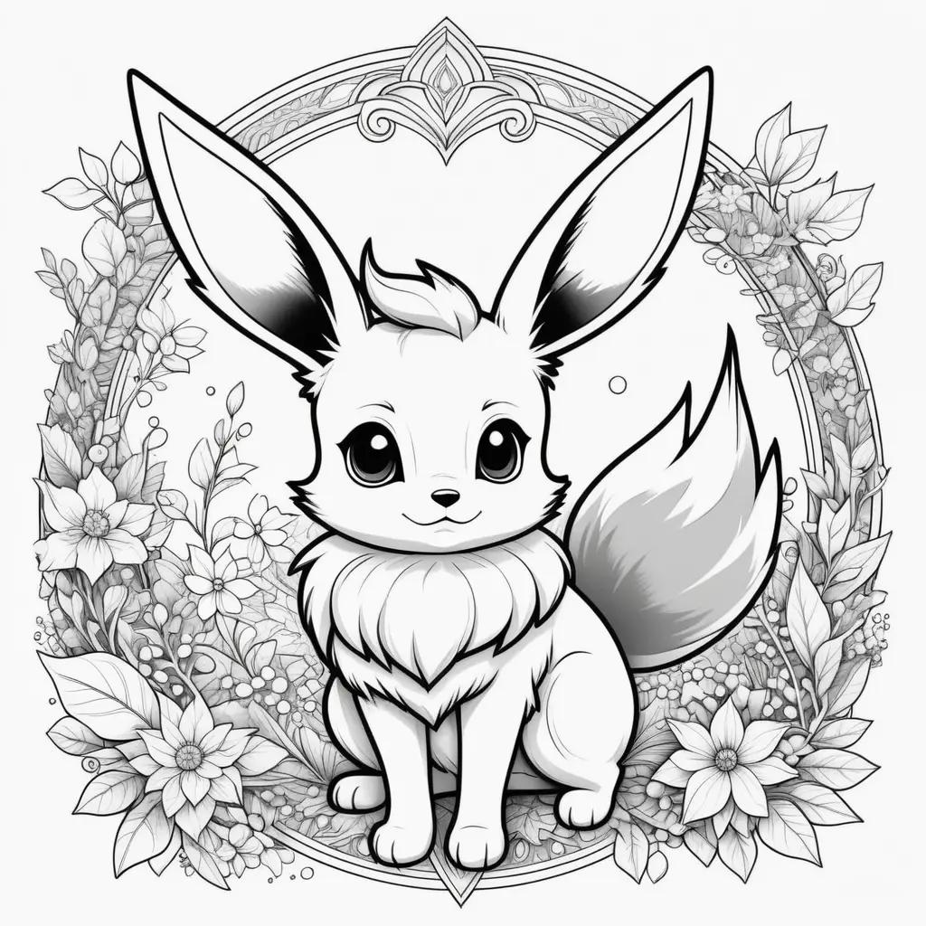 coloring page of a cute Eevee with flowers in the background