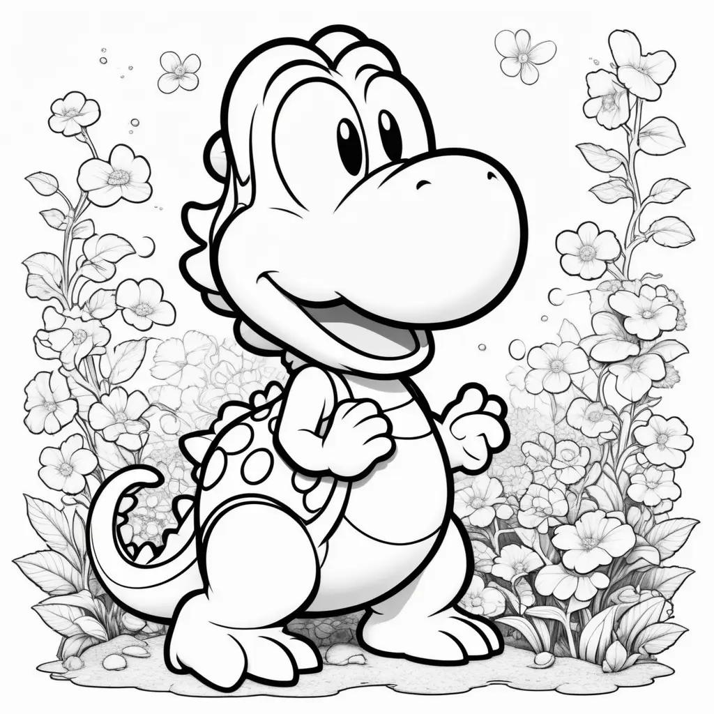 coloring page of a cute Yoshi in a flower garden