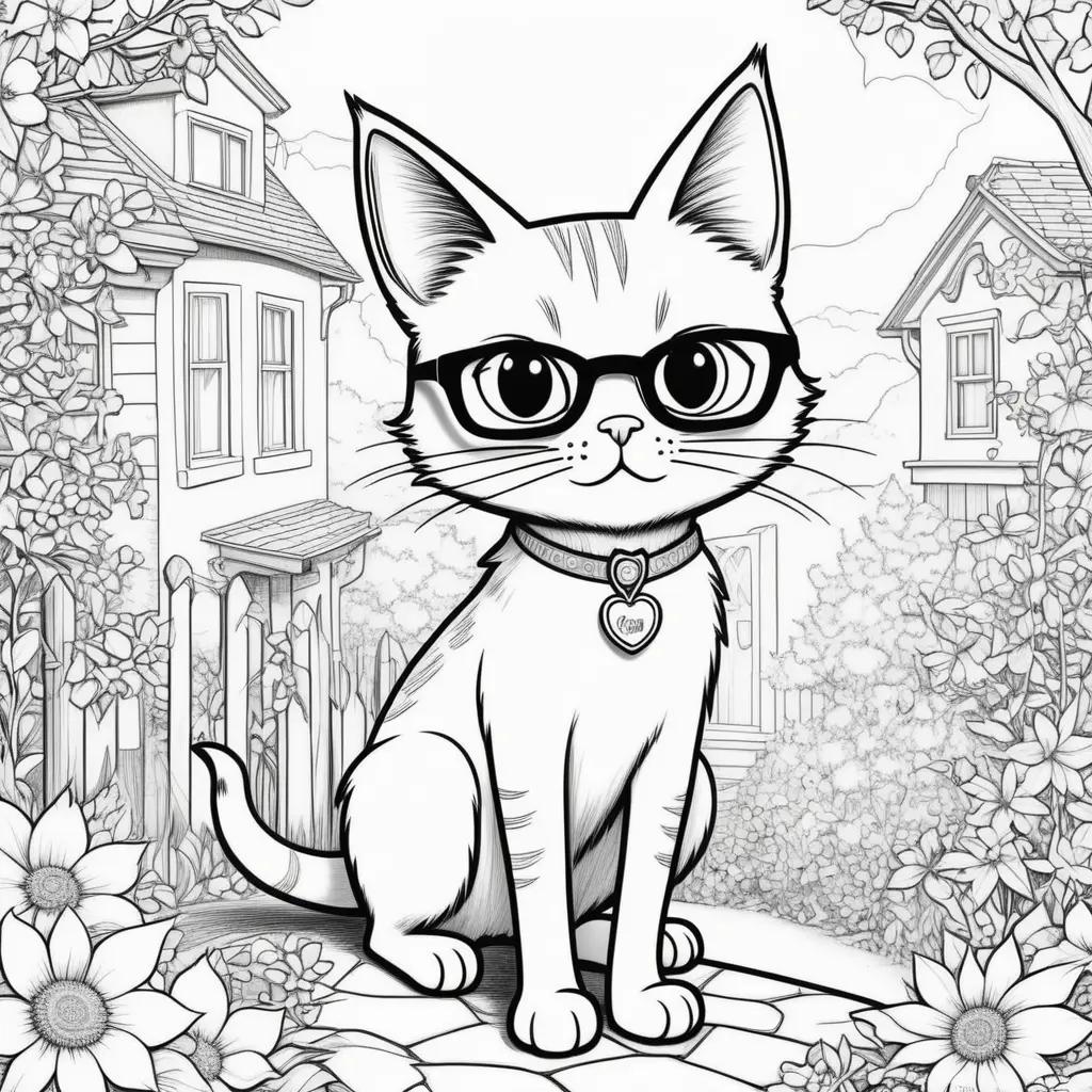 coloring page of a cute cat with glasses and a heart