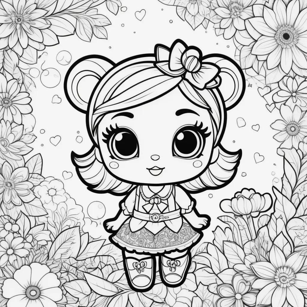 coloring page of a cute girl with a bow on her head and a floral background