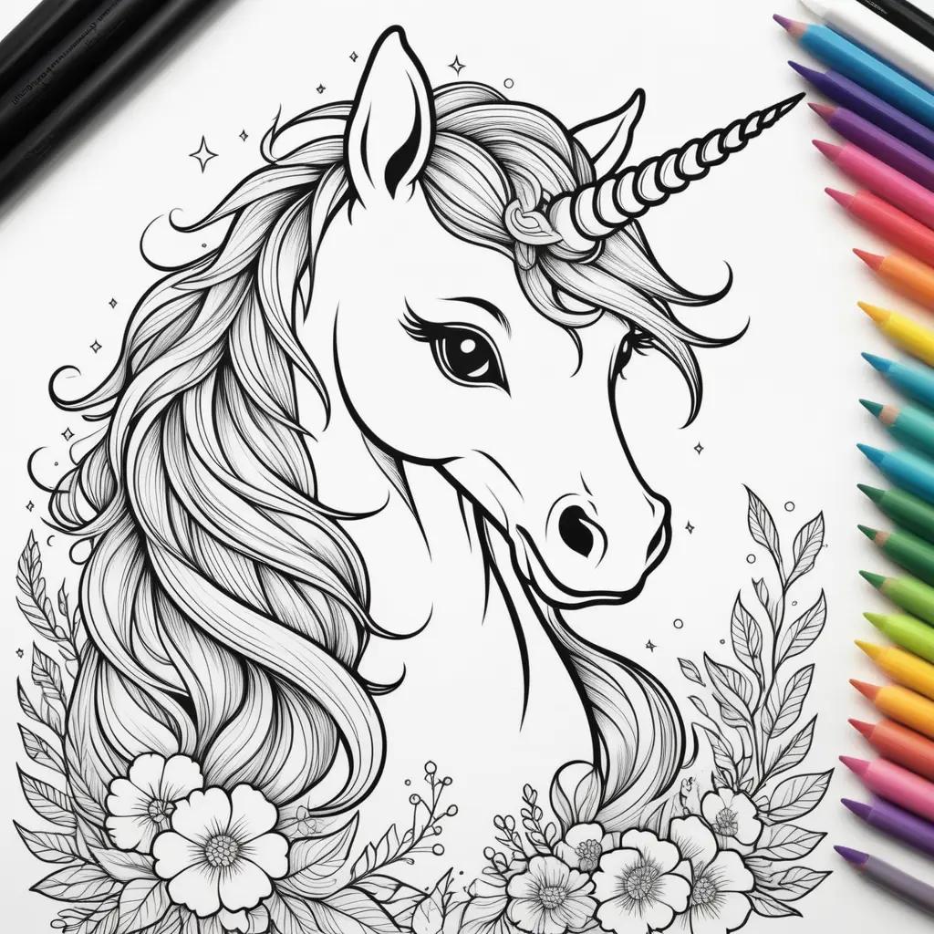 coloring page of a cute unicorn with flowers