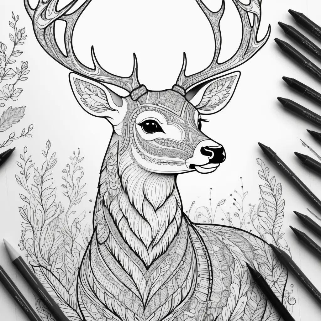 coloring page of a deer in a forest with a pattern on it