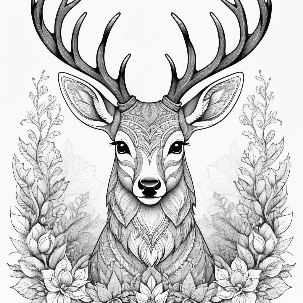 coloring page of a deer with antlers and flowers