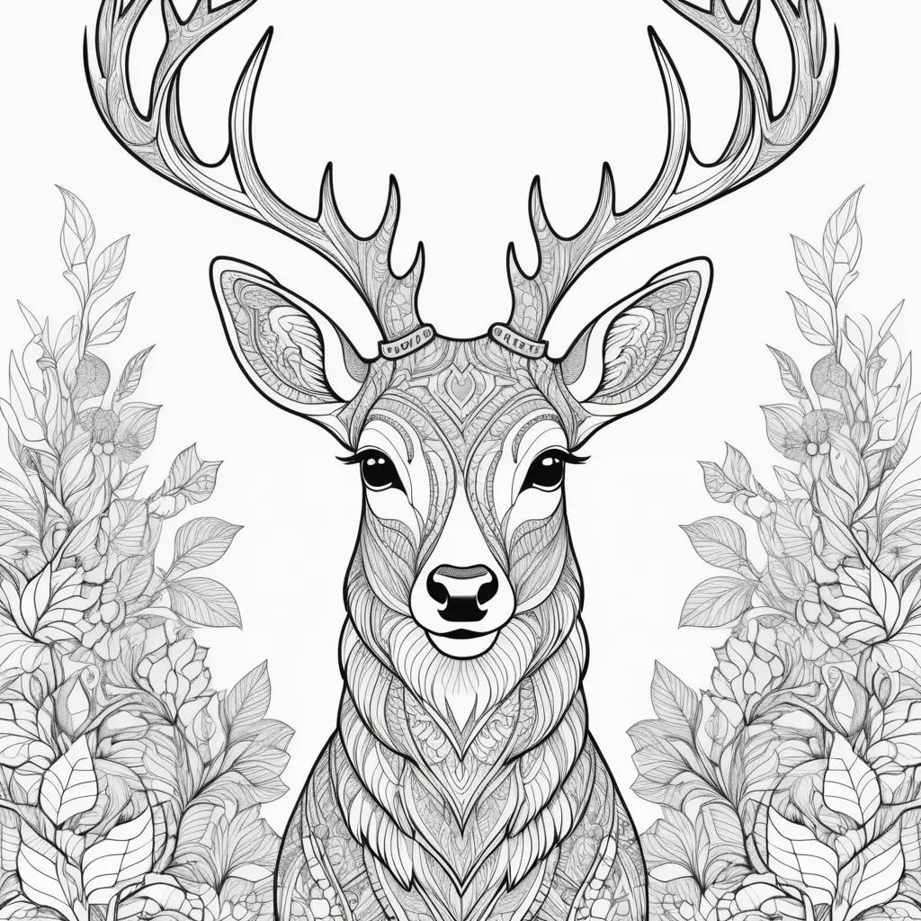 coloring page of a deer with antlers and flowers in the background