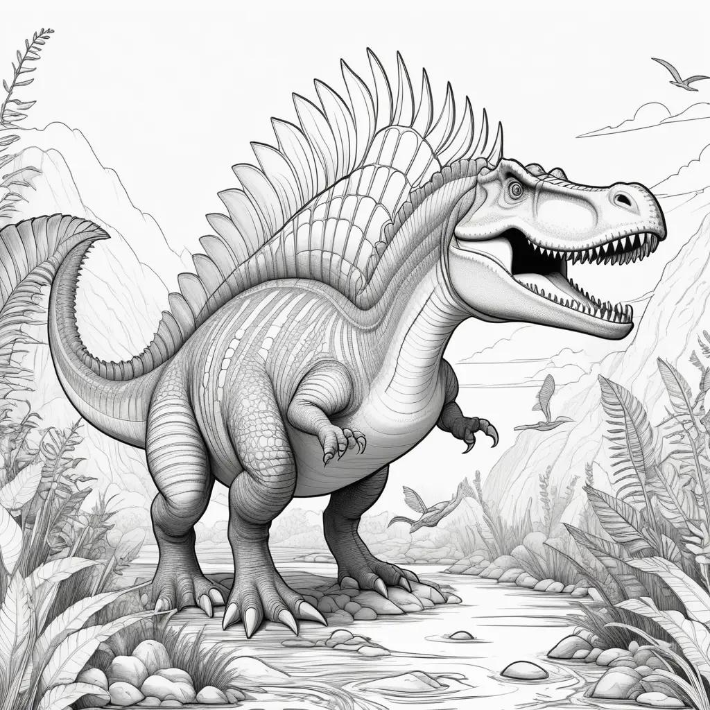 coloring page of a dinosaur with a colorful spinosaurus