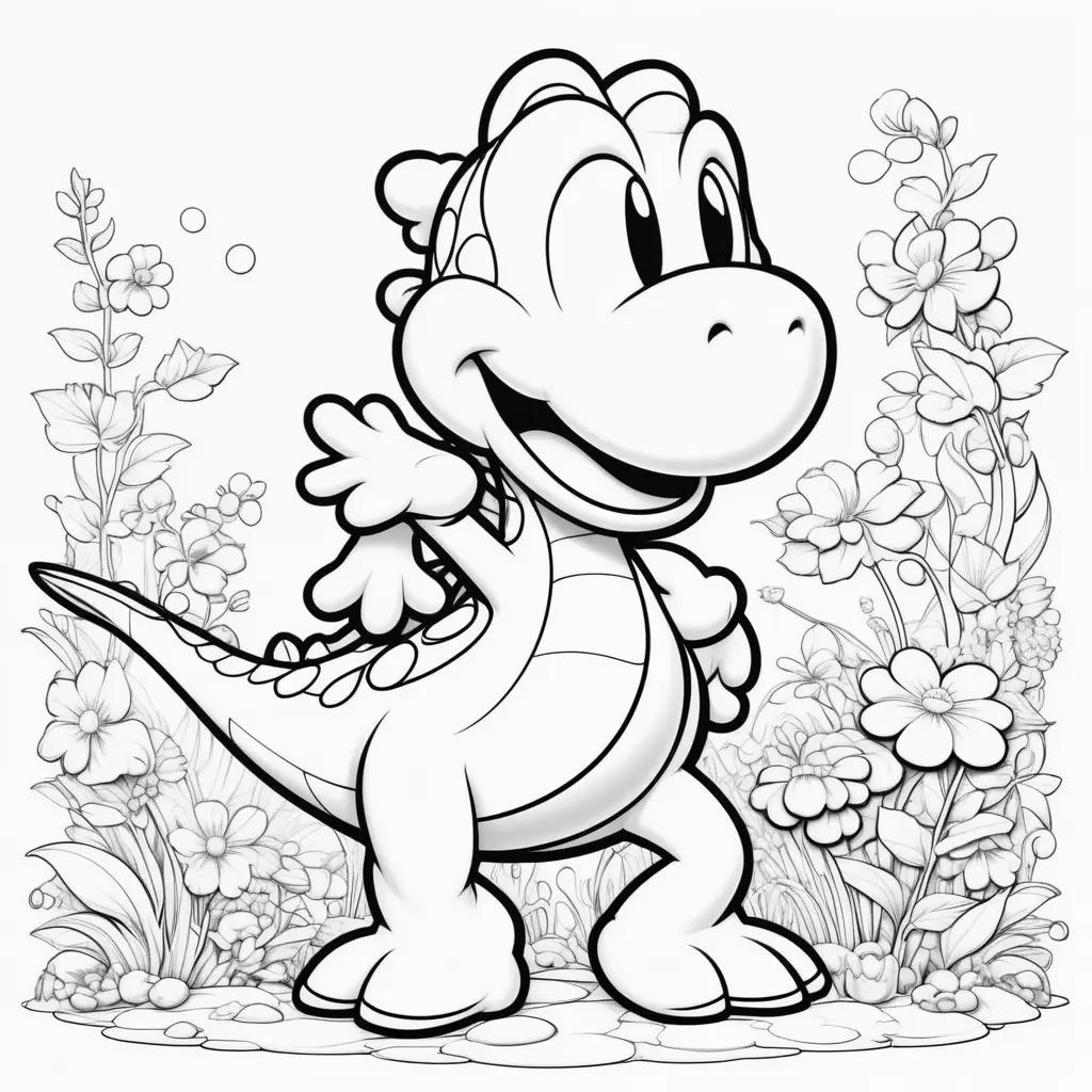 coloring page of a dinosaur with flowers in the background