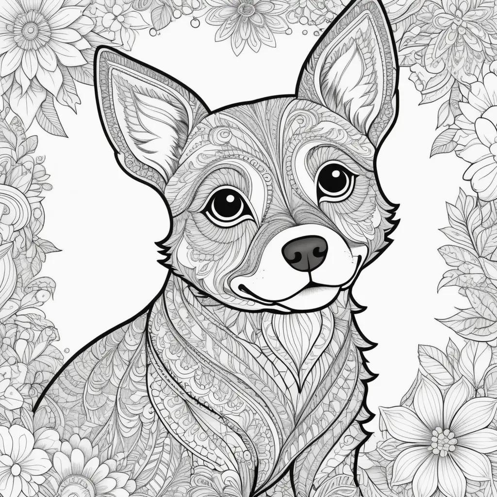 coloring page of a dog with flowers