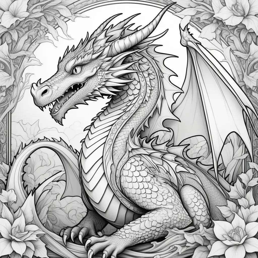 coloring page of a dragon in black and white