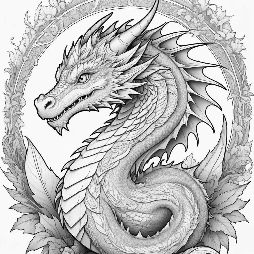 coloring page of a dragon with a black and white coloring