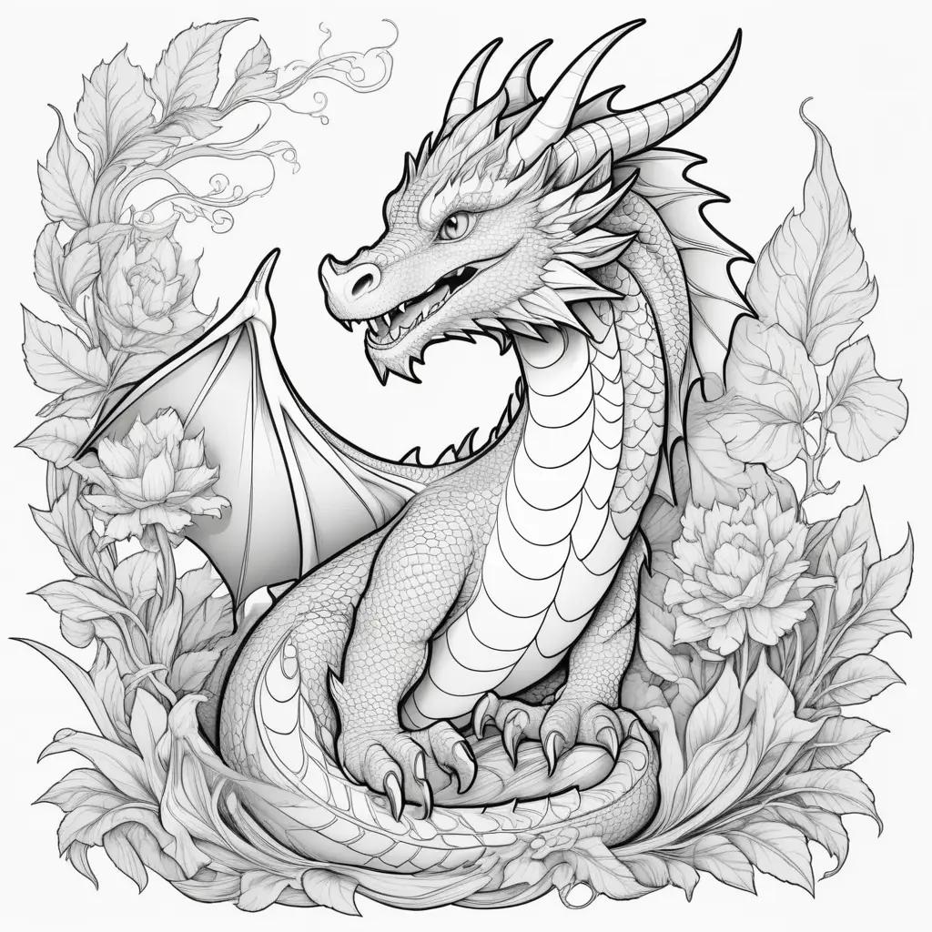 coloring page of a dragon with a flower and leaves