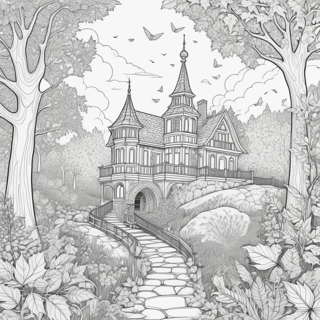 coloring page of a fall scene with a large tree and a castle