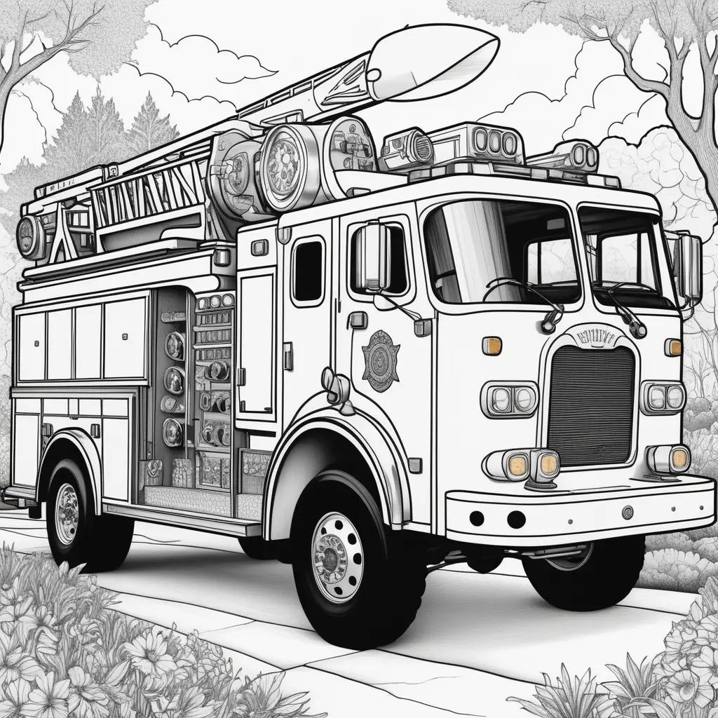 coloring page of a fire truck and flowers