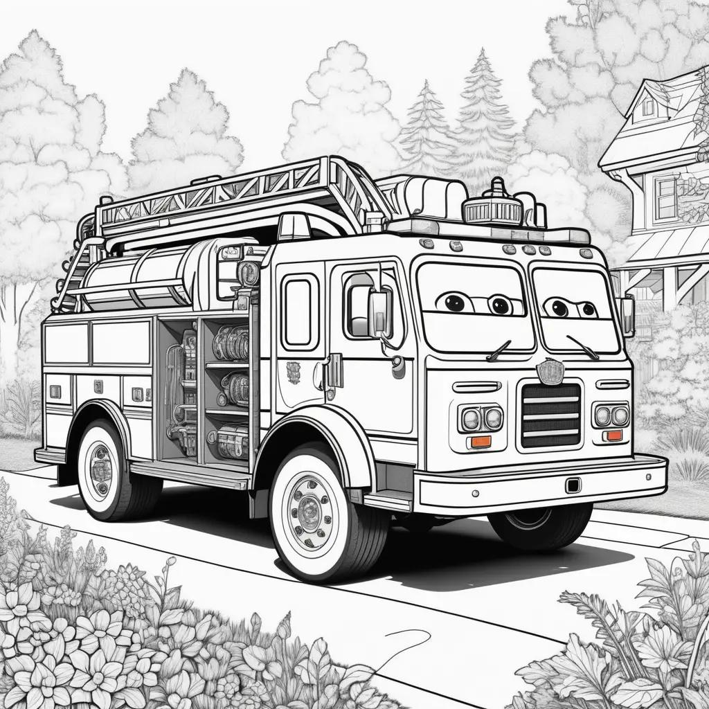 coloring page of a firetruck with eyes