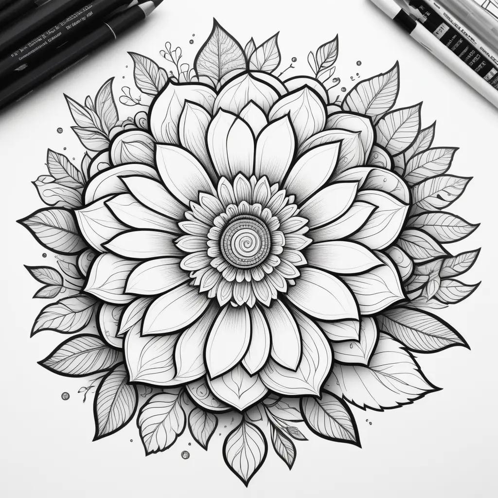 coloring page of a flower with black and white drawing