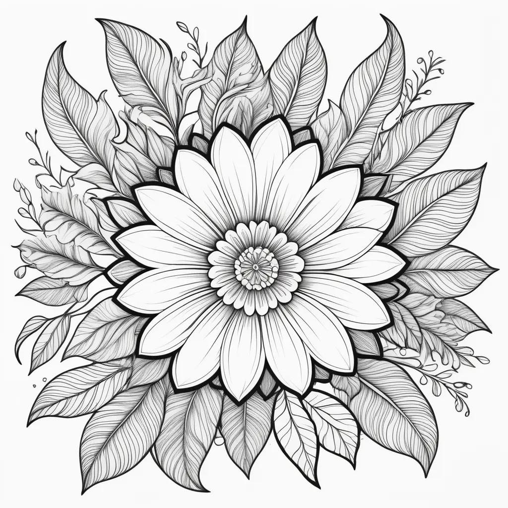 coloring page of a flower with leaves