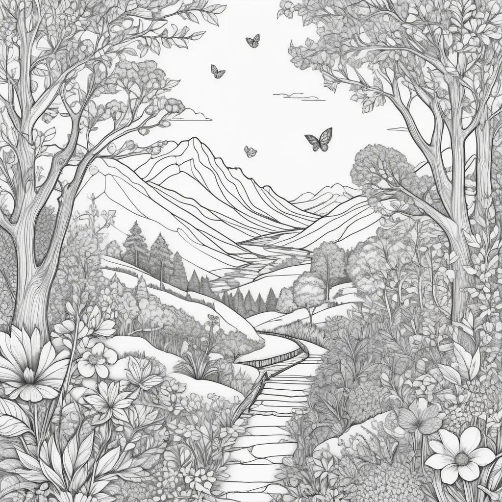 coloring page of a forest with butterflies and flowers