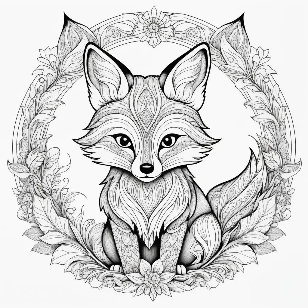 coloring page of a fox with a floral wreath