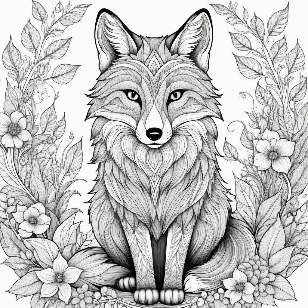 coloring page of a fox with a variety of flowers