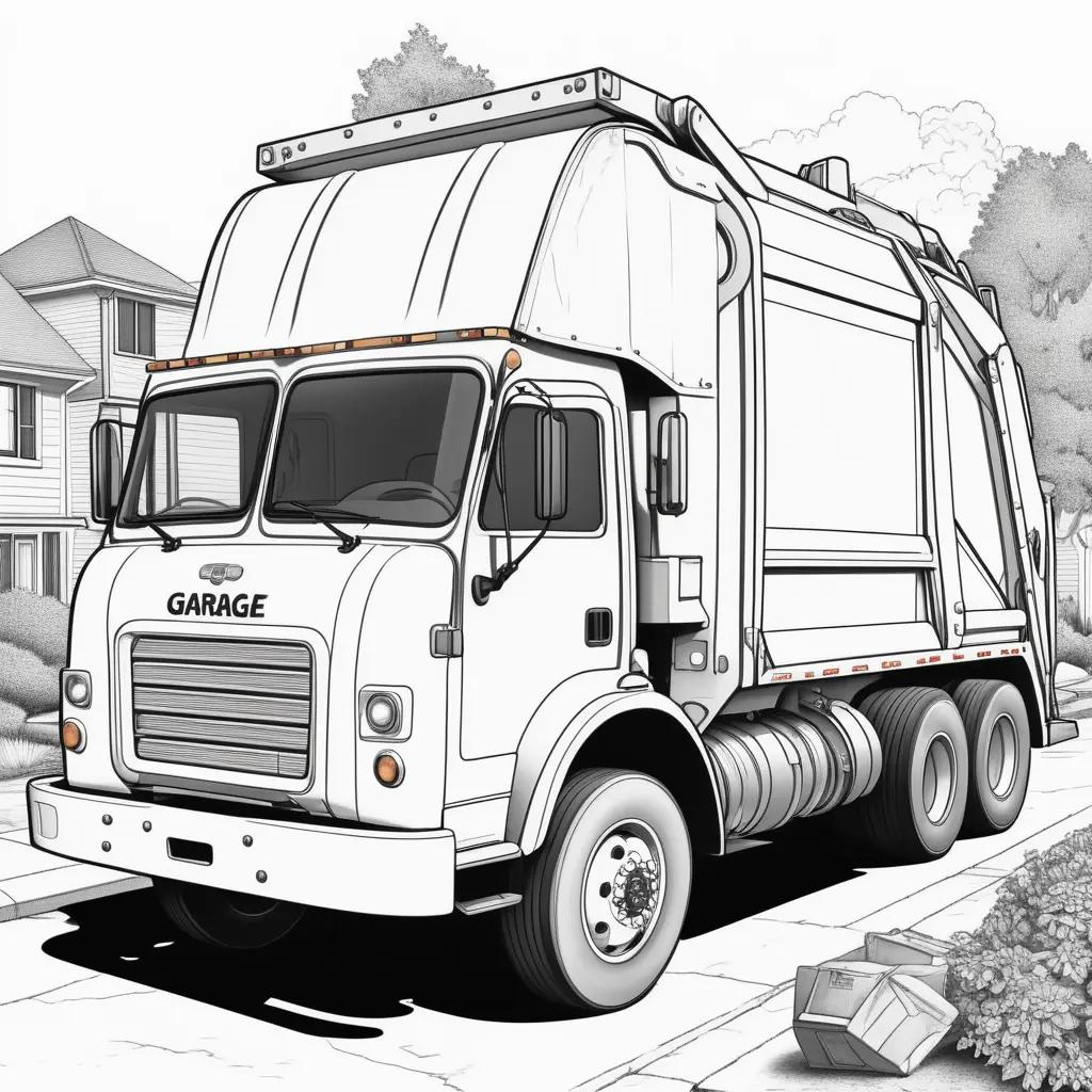 coloring page of a garbage truck with a colorful house in the background