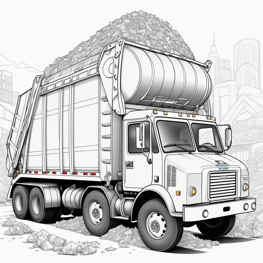 coloring page of a garbage truck with a pile of garbage