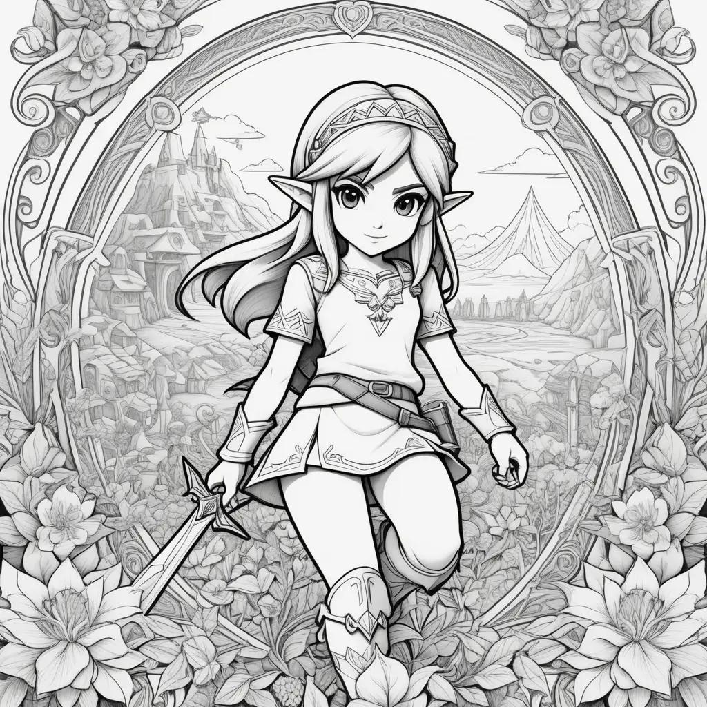 coloring page of a girl holding a sword