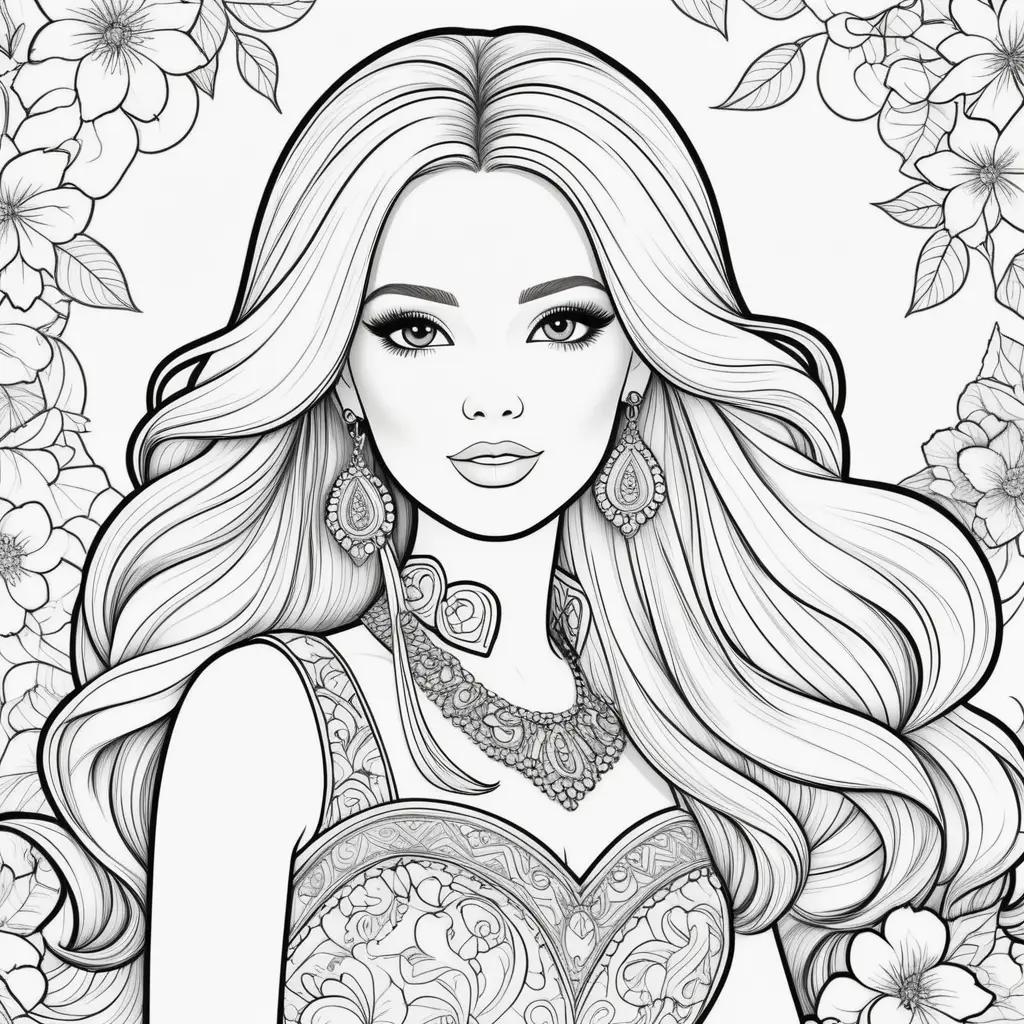 coloring page of a girl wearing a necklace and earrings