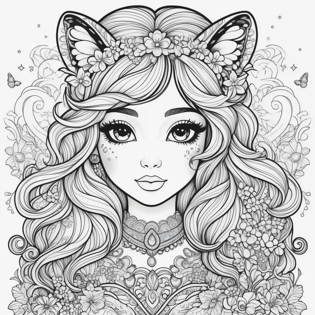 coloring page of a girl with a cat head