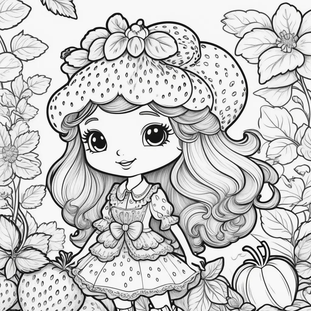 coloring page of a girl with a strawberry shortcake hat