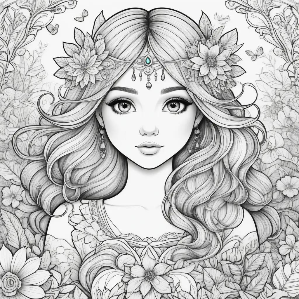 coloring page of a girl with flowers and butterflies