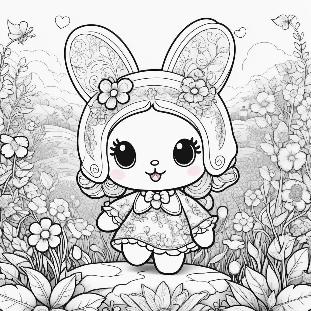 coloring page of a girl with flowers around her