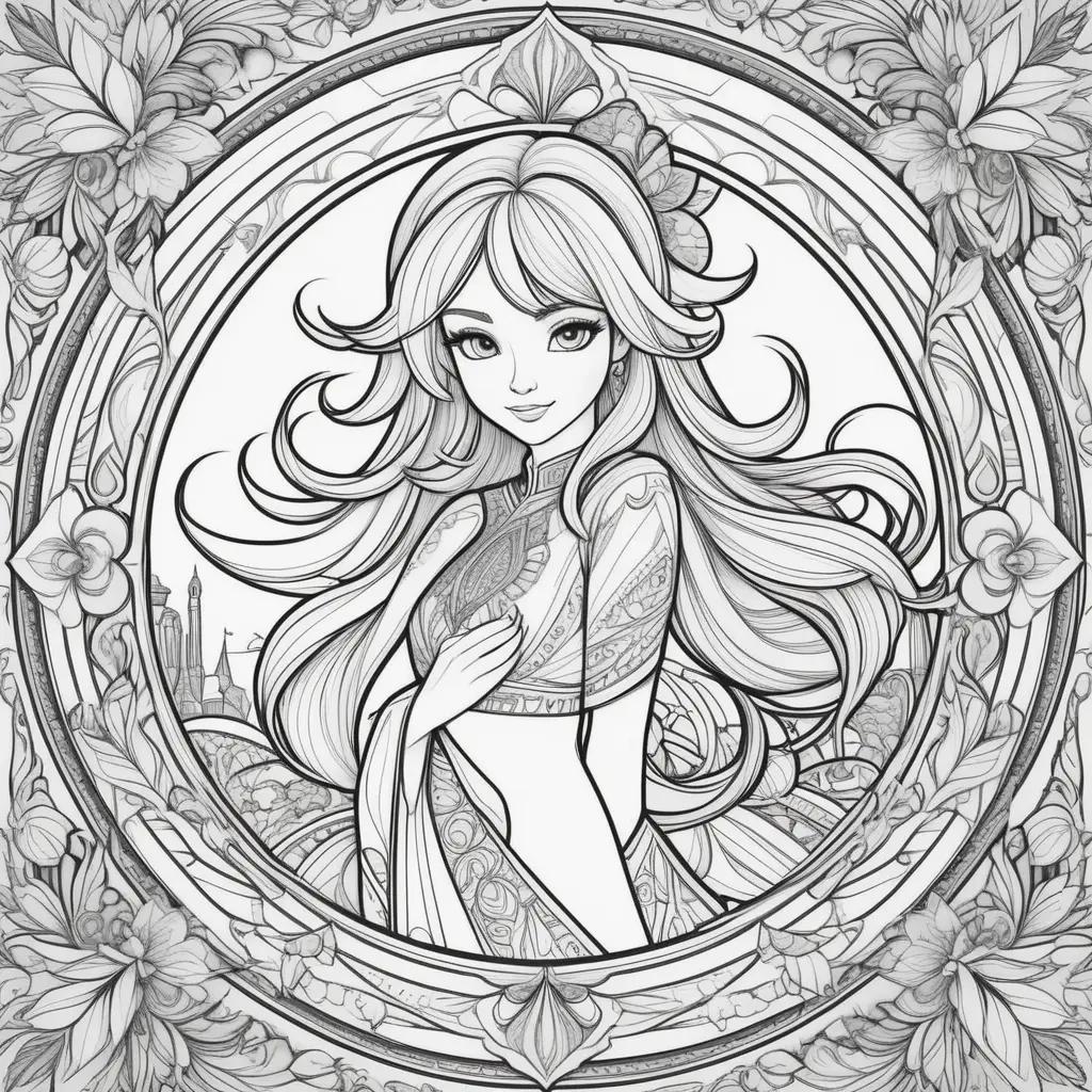 coloring page of a girl with long hair and a crown