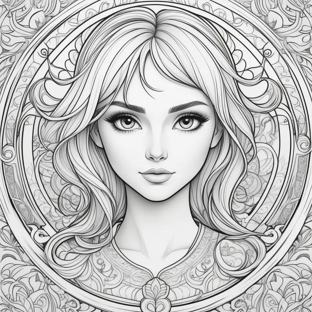 coloring page of a girl with long hair and eyes