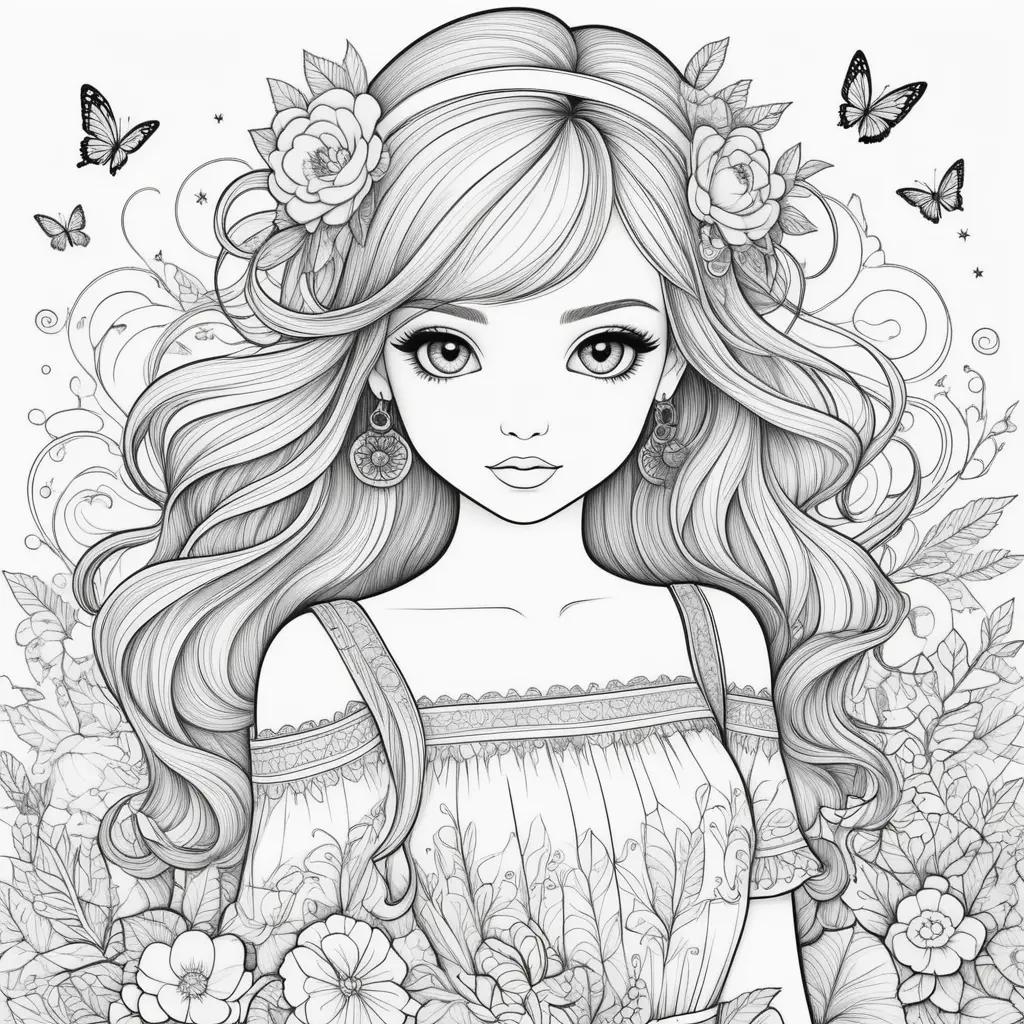 coloring page of a girly girl with flowers